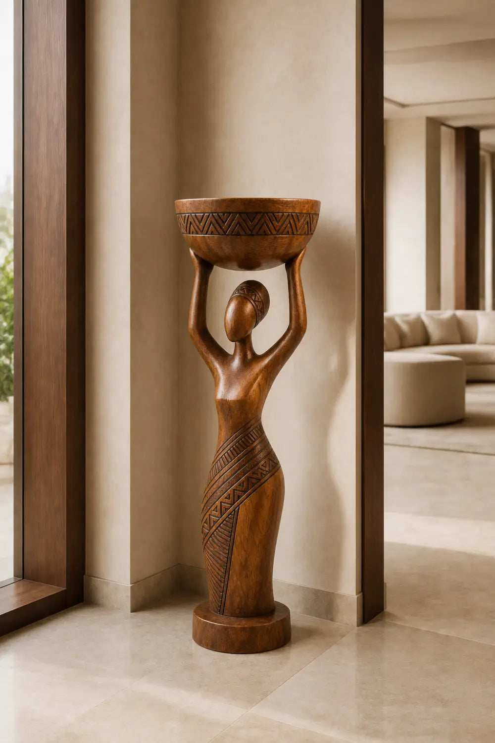Carved Woman Wood Floor Sculpture | Aesthetic Standing Statue for Living Space