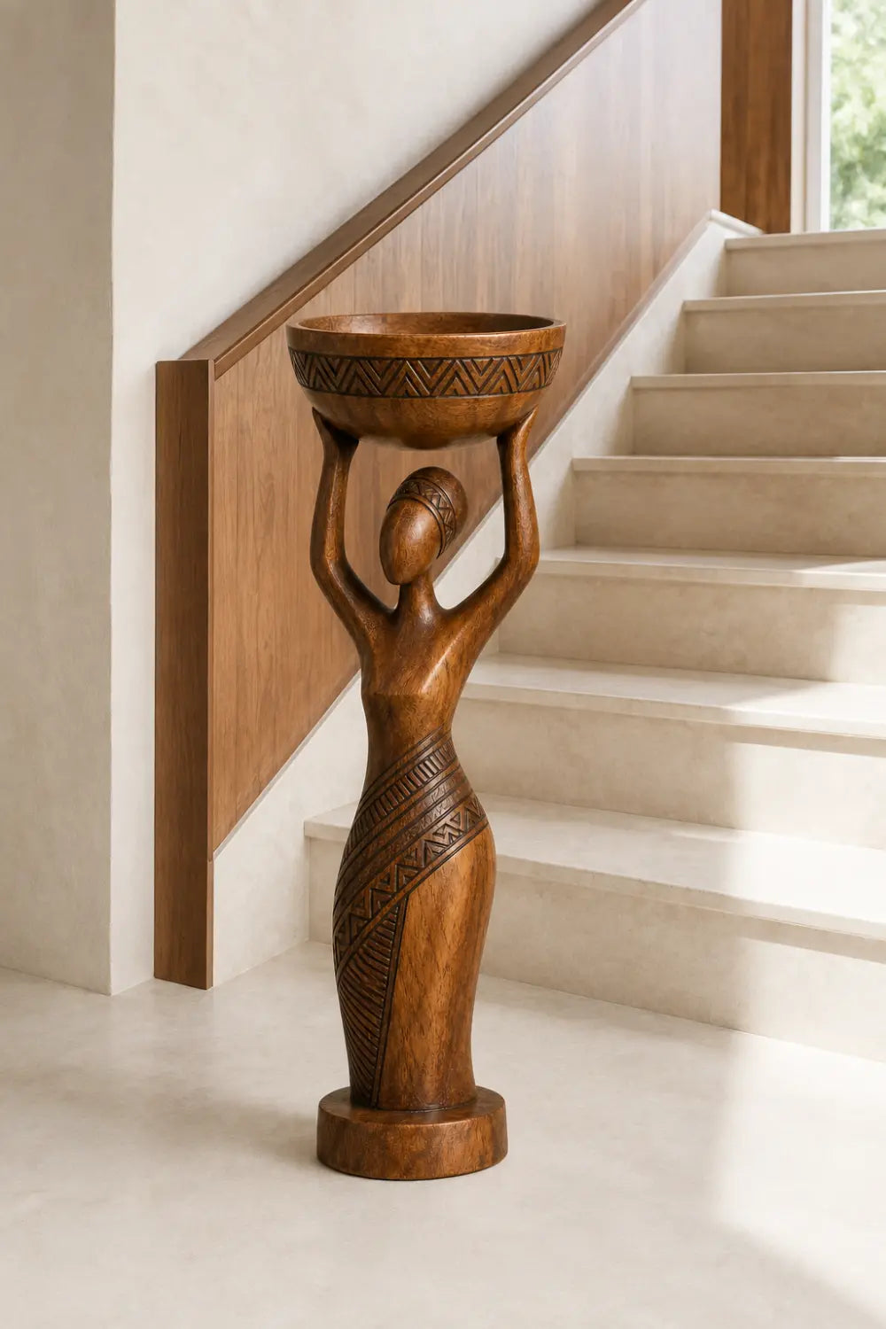 Carved Woman Wood Floor Sculpture | Aesthetic Standing Statue for Living Space