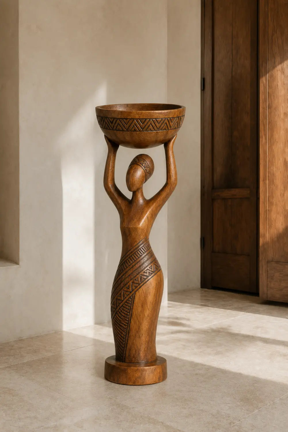 Carved Woman Wood Floor Sculpture | Aesthetic Standing Statue for Living Space