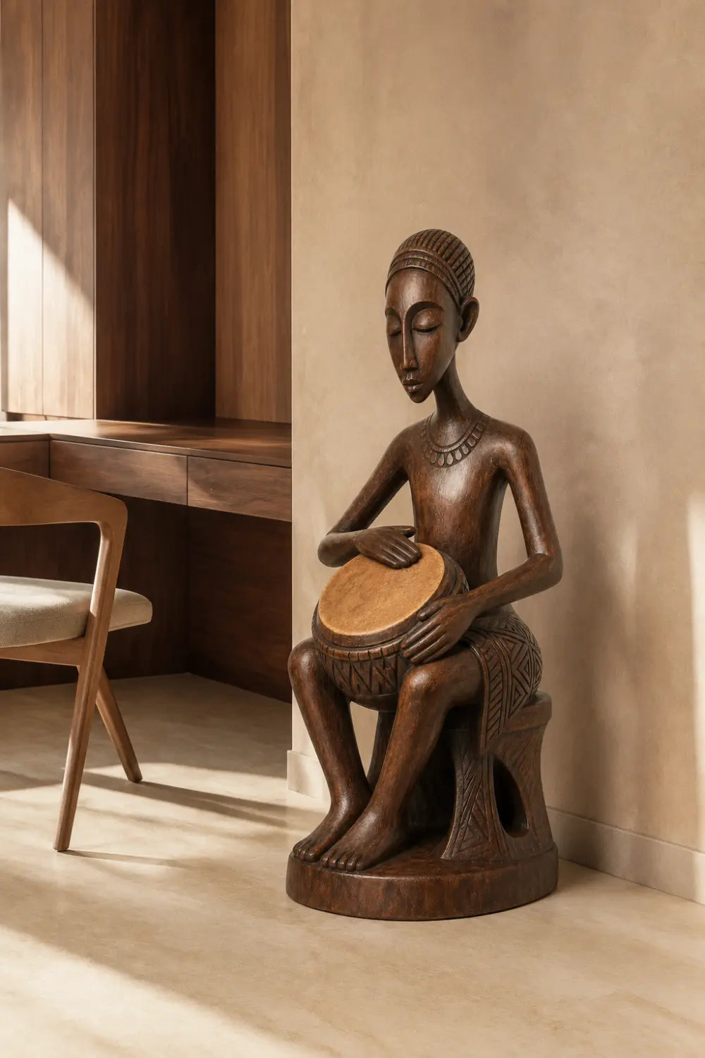 Carved Woman Wood Floor Sculpture | Aesthetic Standing Statue for Living Space