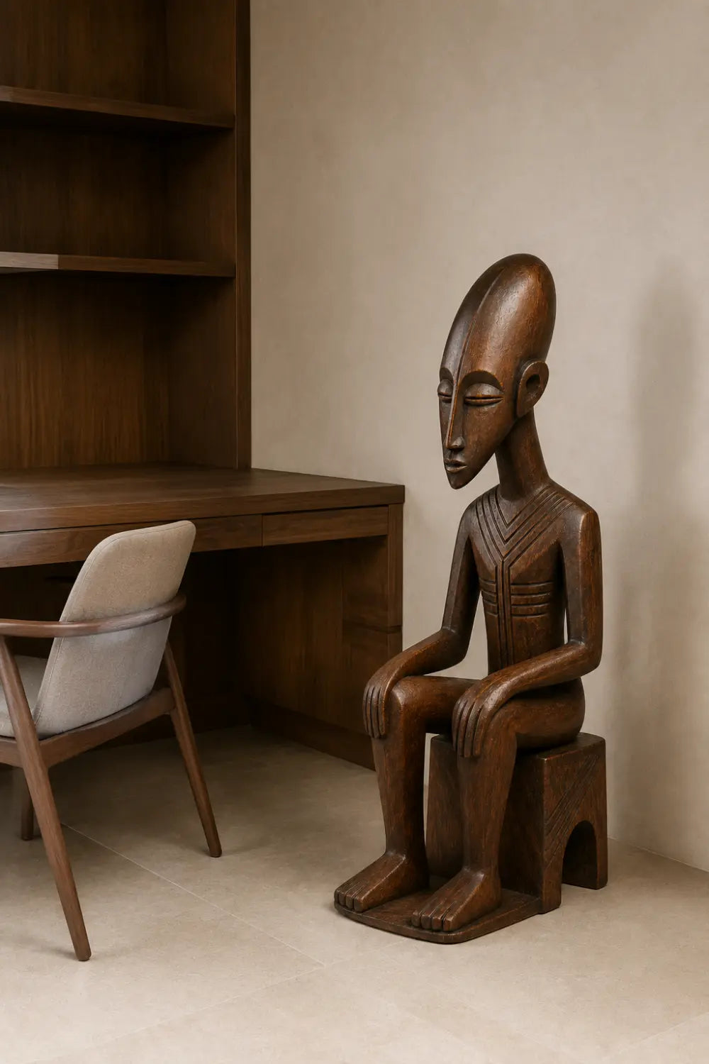 Carved Seated Wood Floor Sculpture | Aesthetic Sitting Statue for Living Space