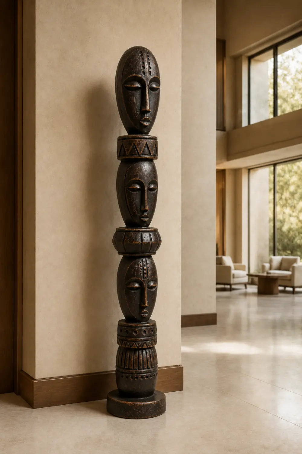 Stacked Face Wood Floor Sculpture | Tall Standing Pillar Statue for Living Space
