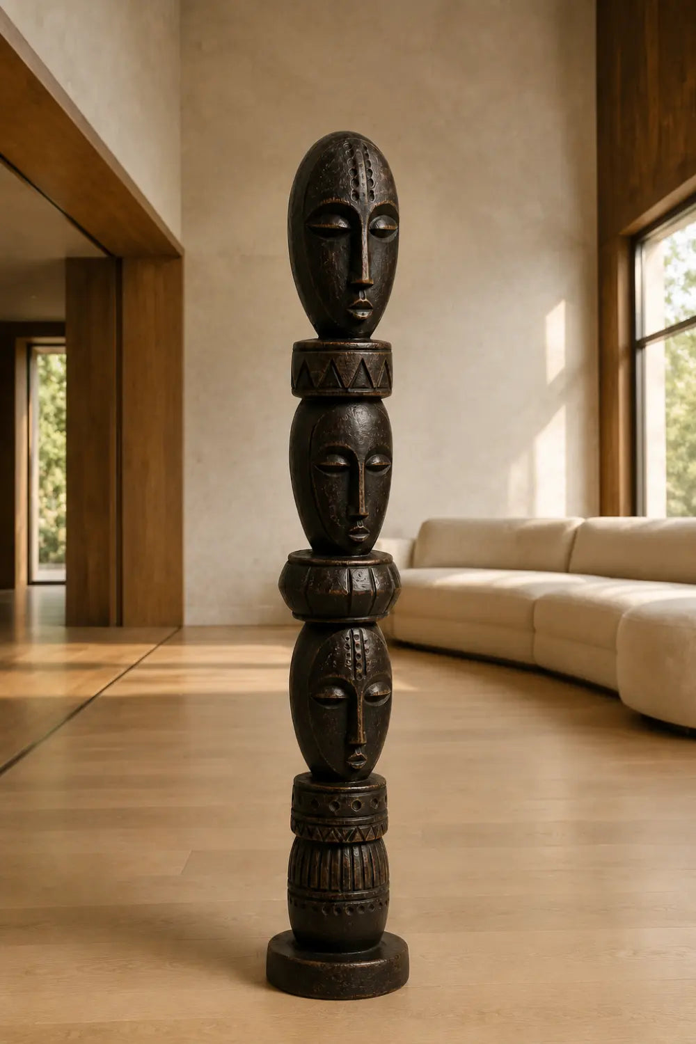 Stacked Face Wood Floor Sculpture | Tall Standing Pillar Statue for Living Space