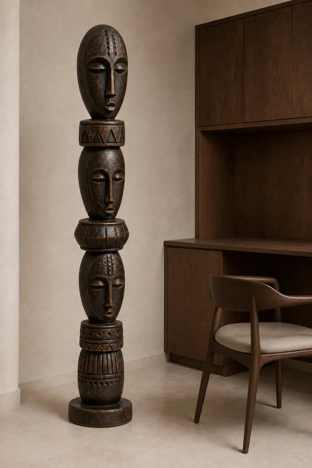 Stacked Face Wood Floor Sculpture | Tall Standing Pillar Statue for Living Space
