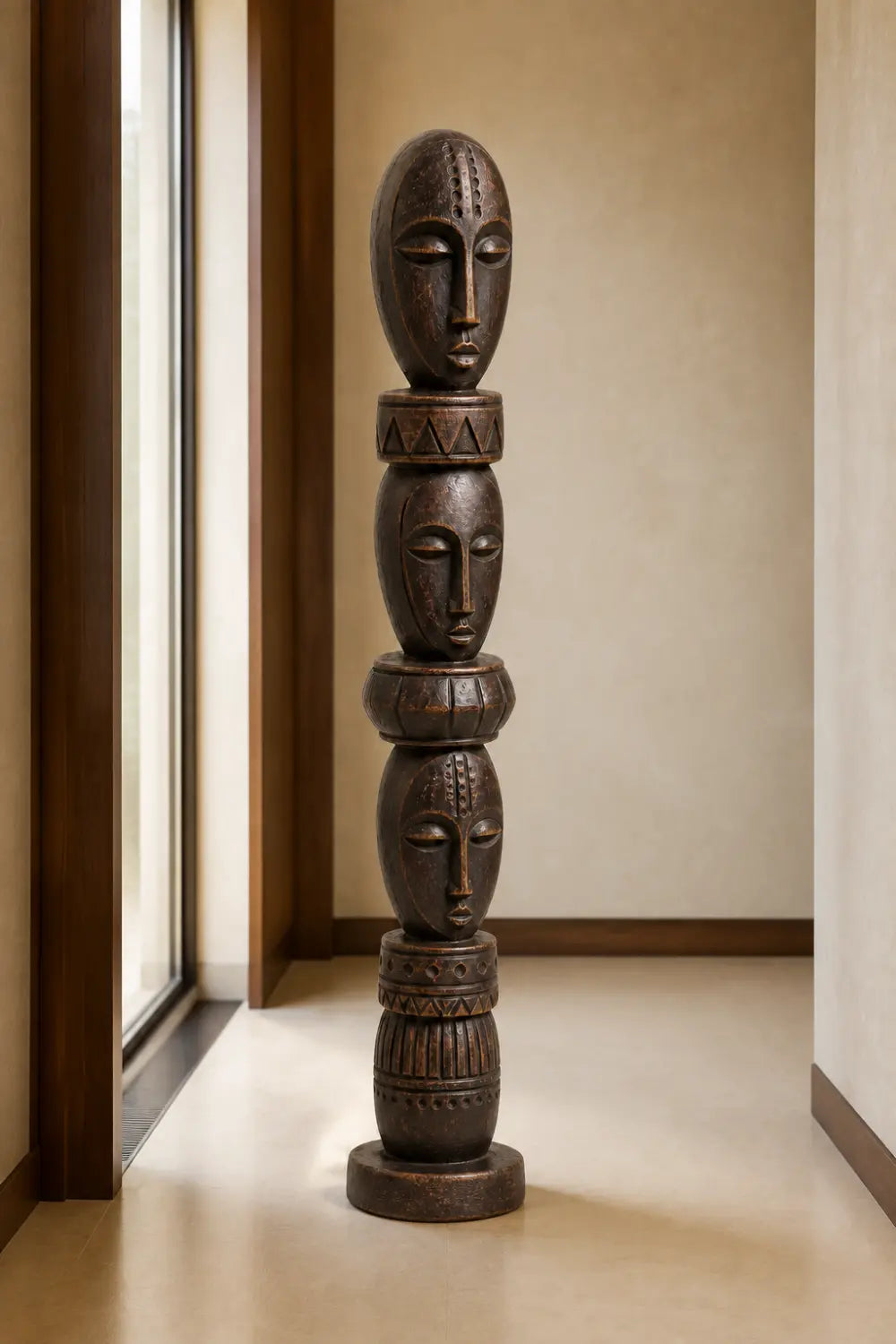 Stacked Face Wood Floor Sculpture | Tall Standing Pillar Statue for Living Space
