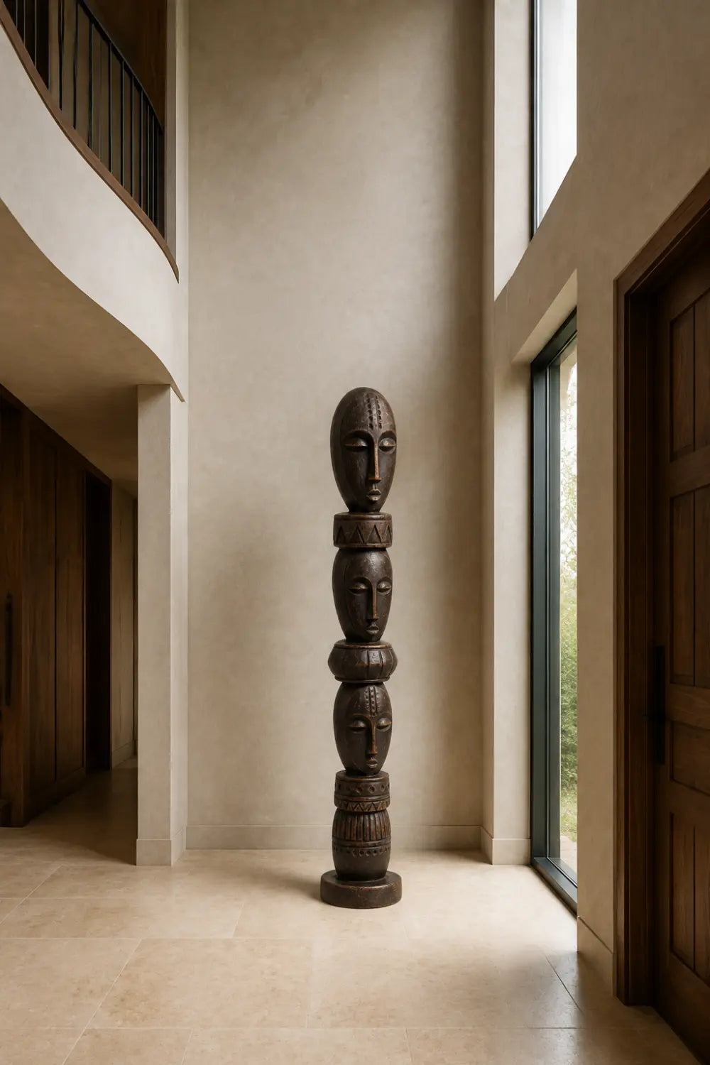 Stacked Face Wood Floor Sculpture | Tall Standing Pillar Statue for Living Space