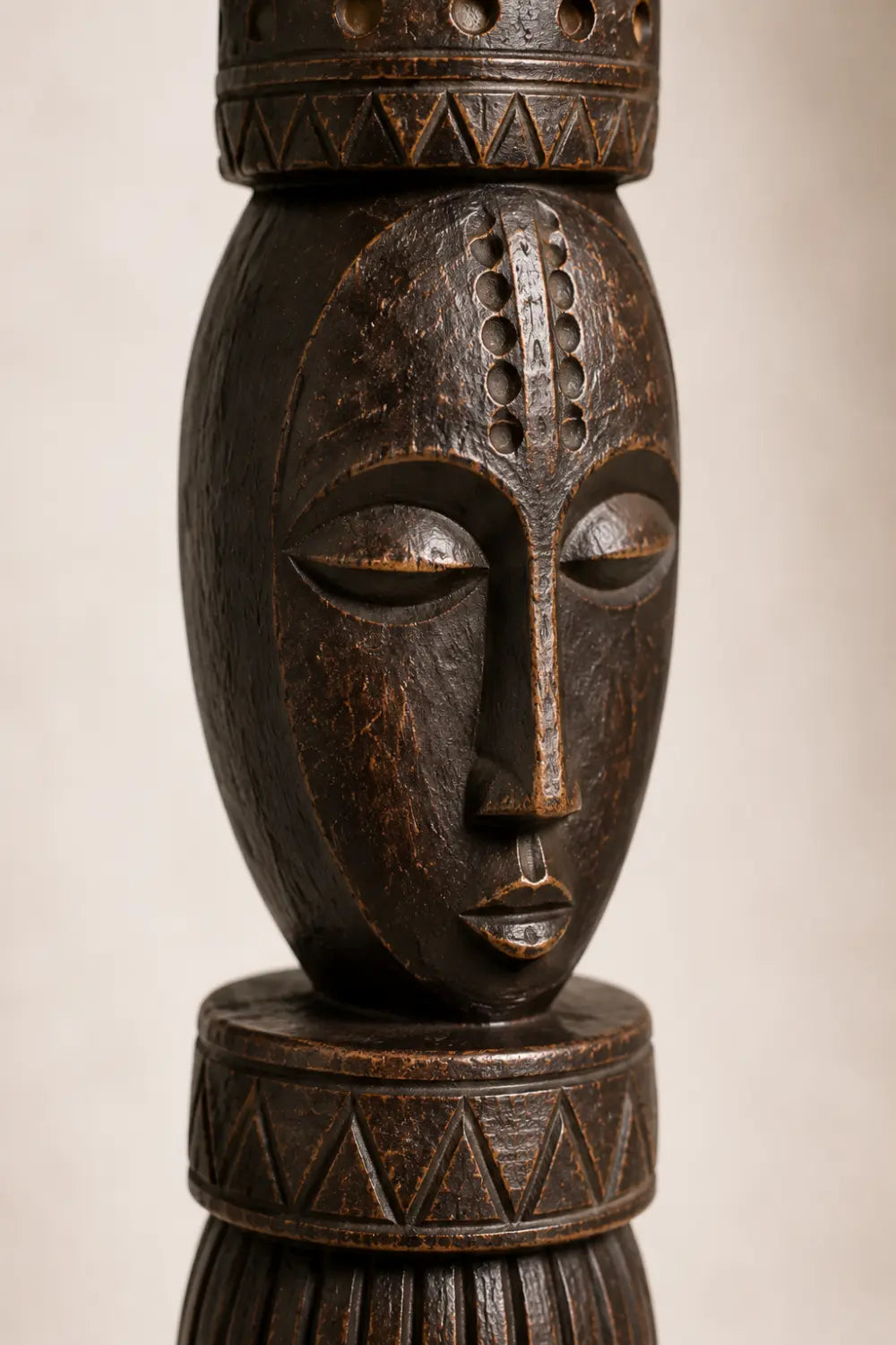 Stacked Face Wood Floor Sculpture | Tall Standing Pillar Statue for Living Space