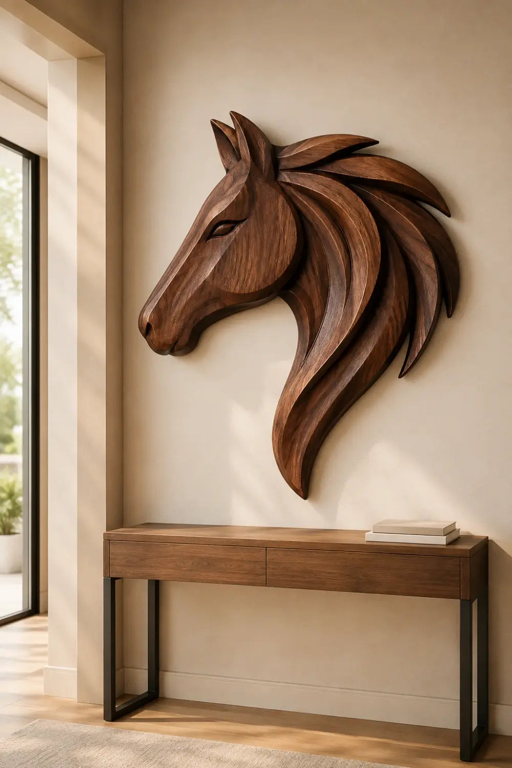 Wooden Horse Head Wall Relief | 3D Carved Equestrian Decor