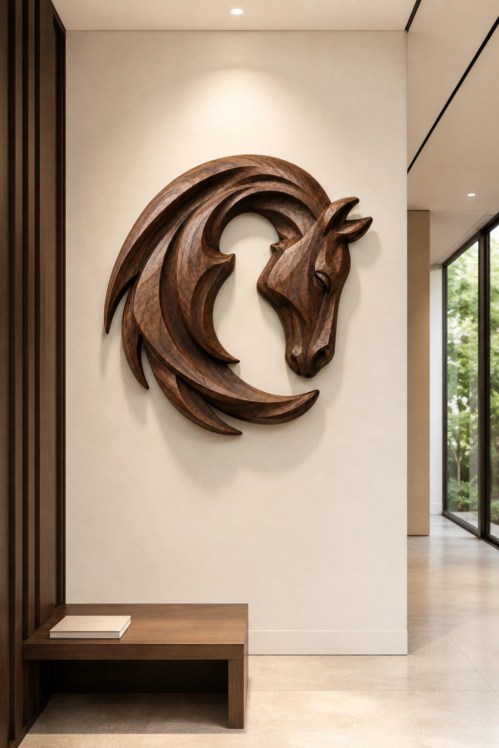 Crescent Wooden Horse Head Wall Relief | Carved Animal Art