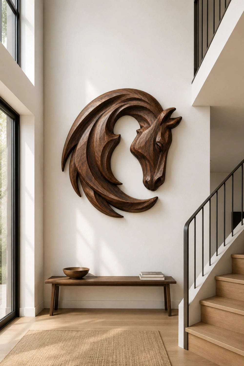 Crescent Wooden Horse Head Wall Relief | Carved Animal Art