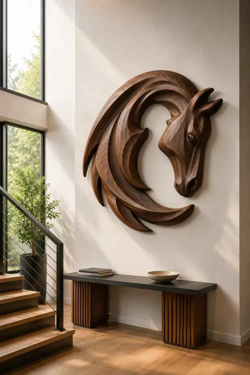 Crescent Wooden Horse Head Wall Relief | Carved Animal Art