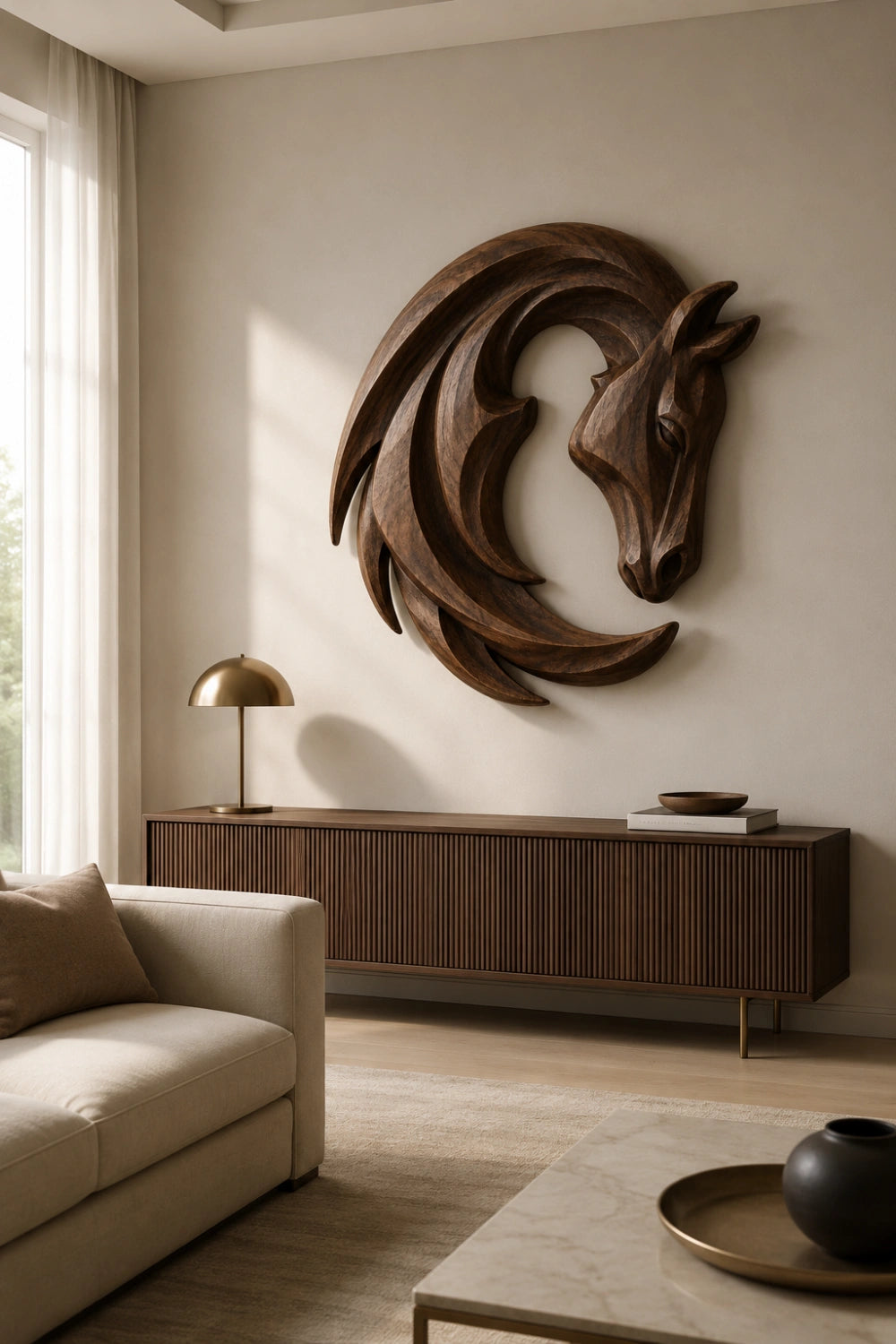 Crescent Wooden Horse Head Wall Relief | Carved Animal Art