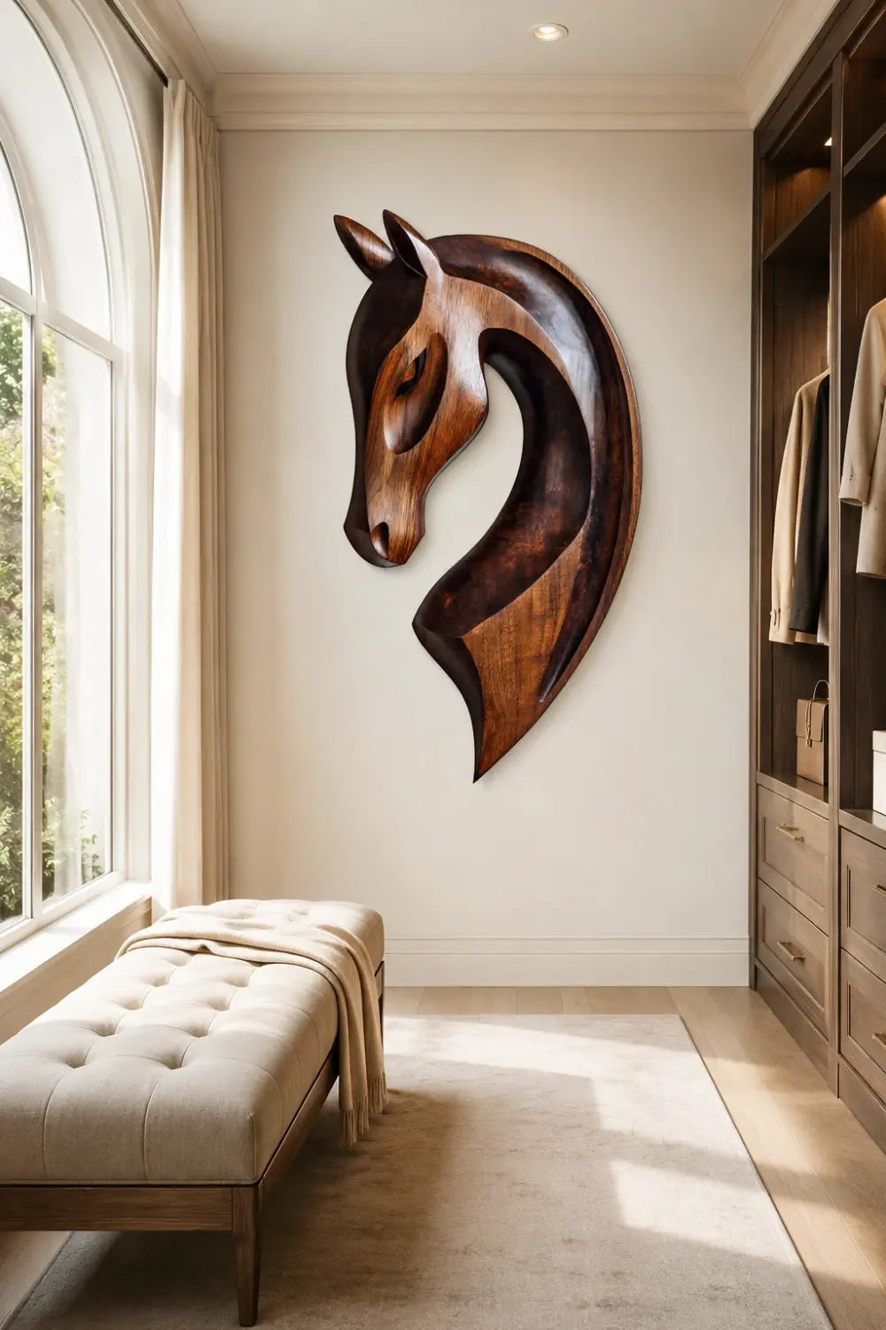 Hand Carved Wooden Horse Head Relief Wall Art Abstract Animal Decor