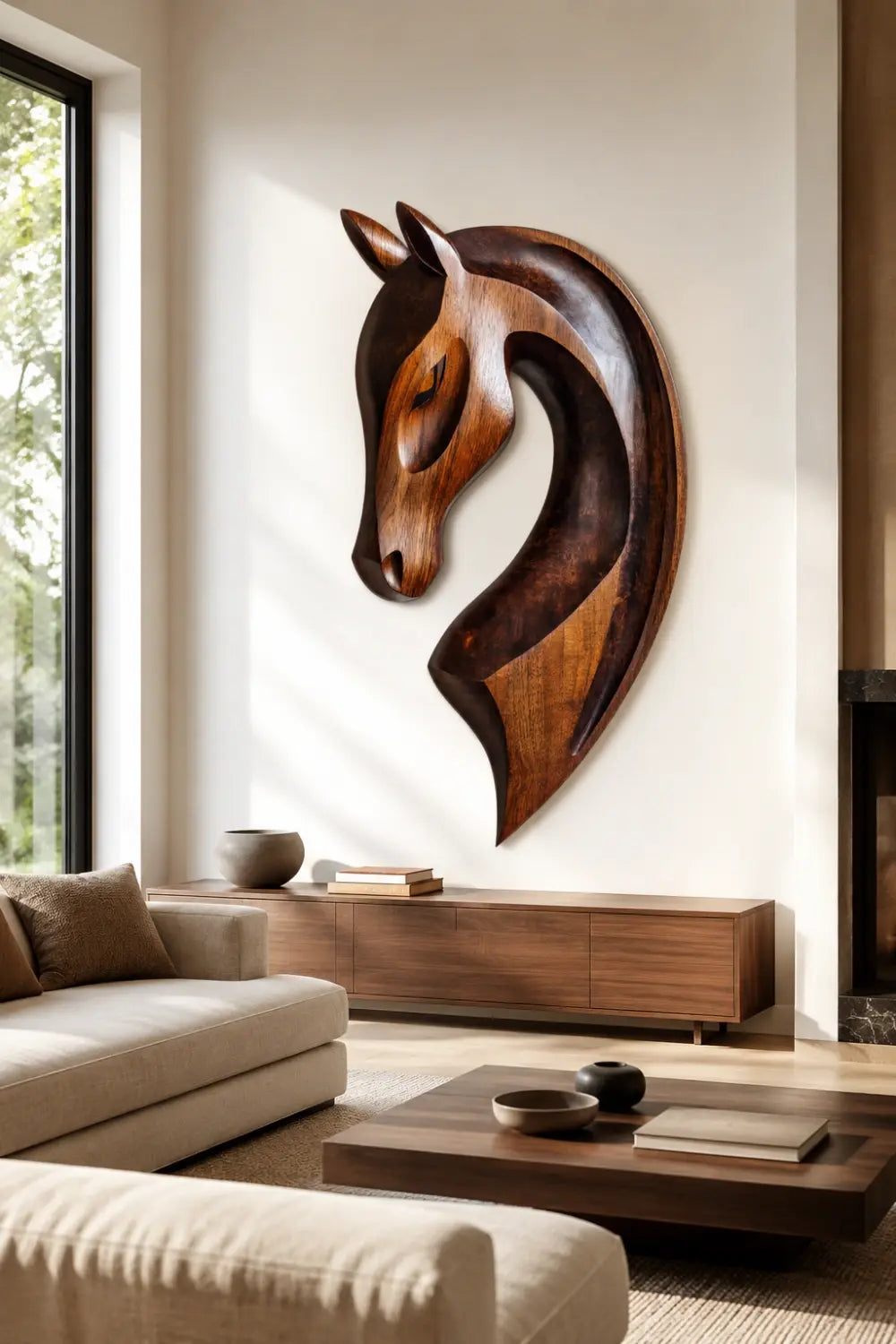Hand Carved Wooden Horse Head Relief Wall Art Abstract Animal Decor