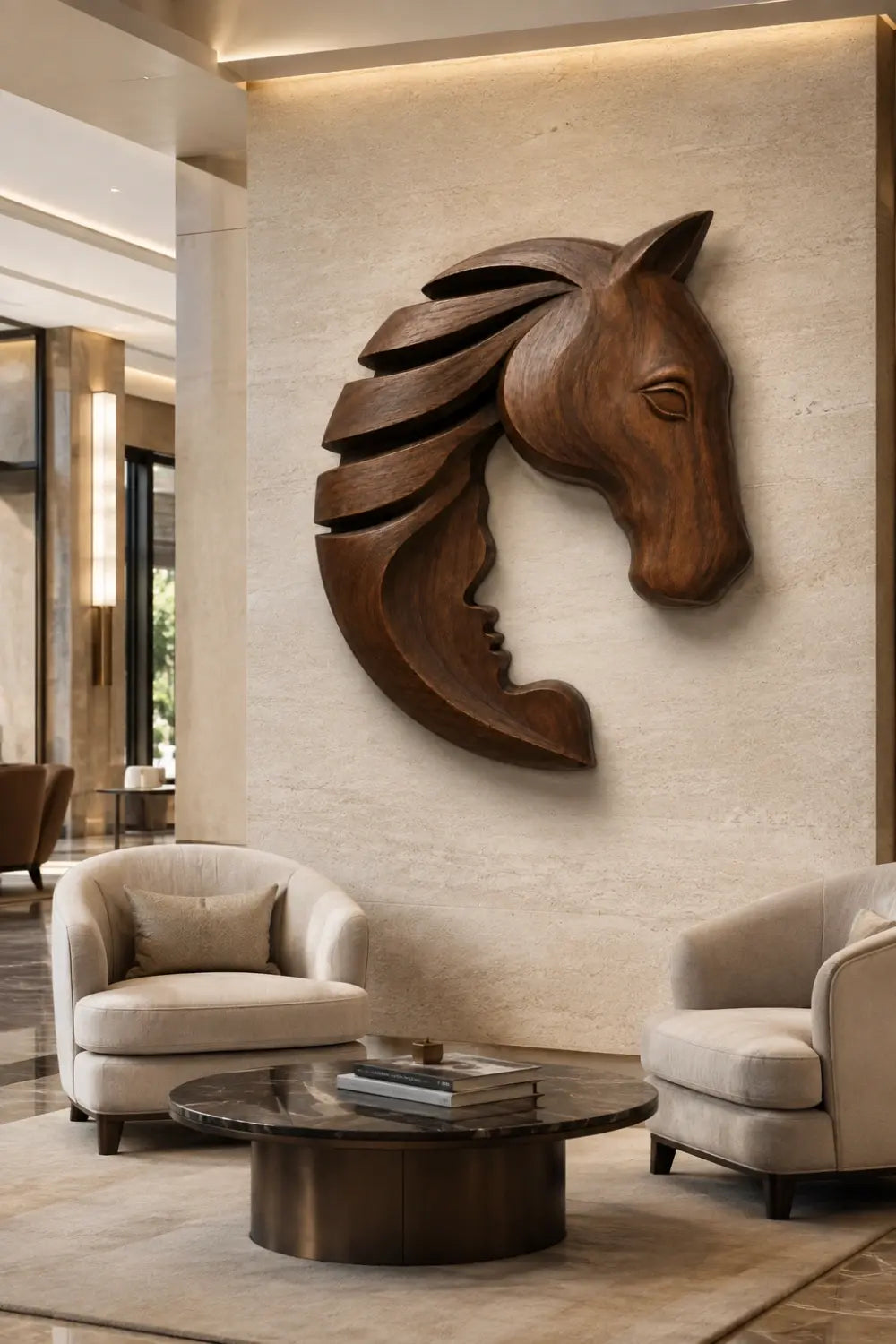 Wooden Horse & Human Profile Wall Relief | Optical Illusion Art