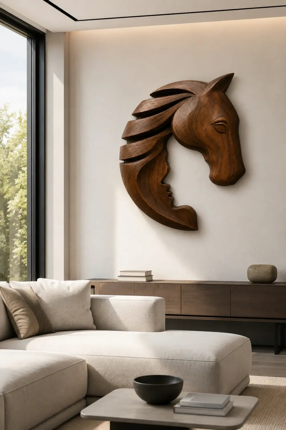 Wooden Horse & Human Profile Wall Relief | Optical Illusion Art