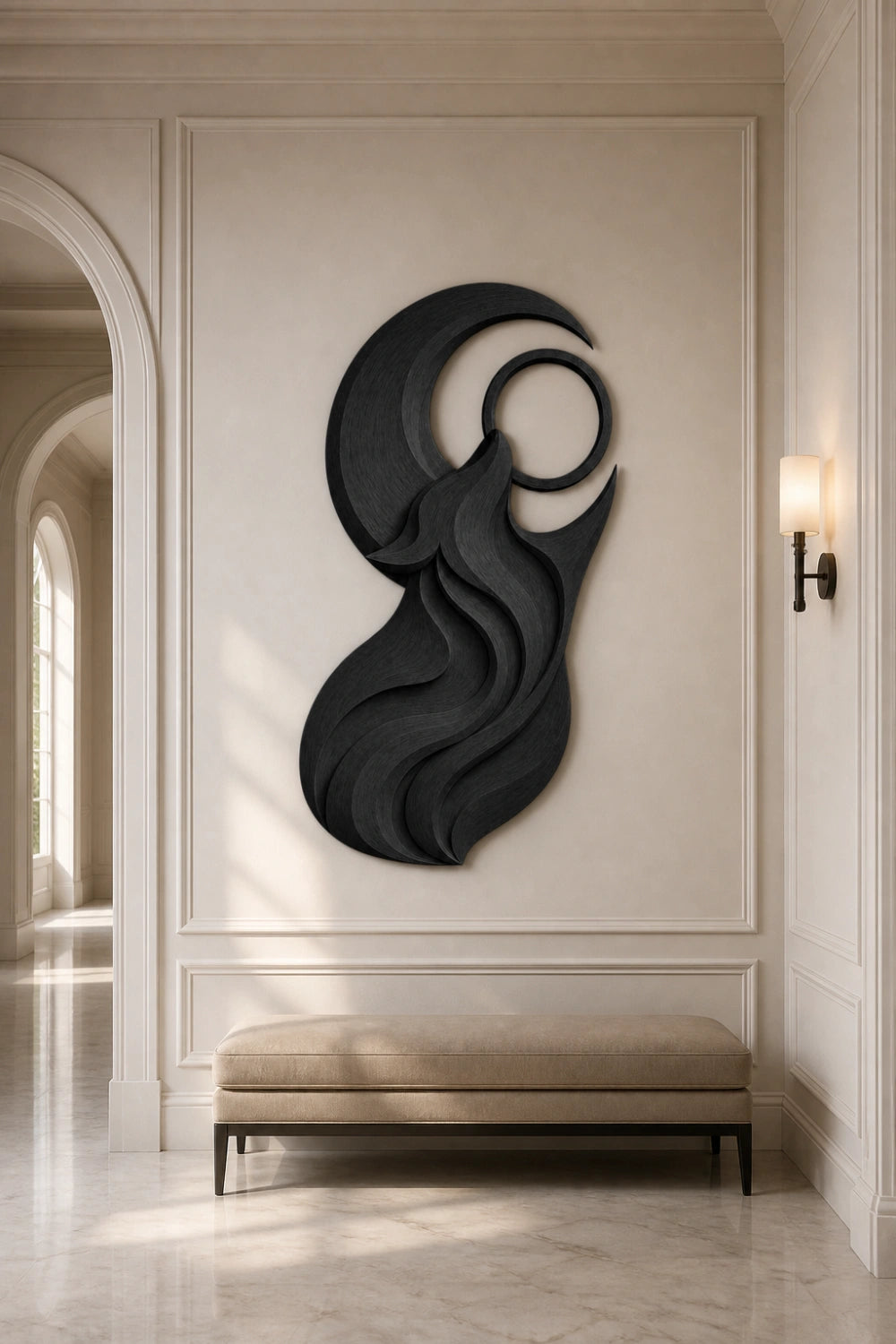 Black Wood Wolf Sculpture | Howling Wolf Moon Relief | Celestial Art Gift