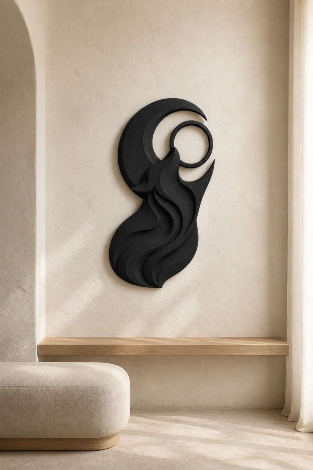 Black Wood Wolf Sculpture | Howling Wolf Moon Relief | Celestial Art Gift