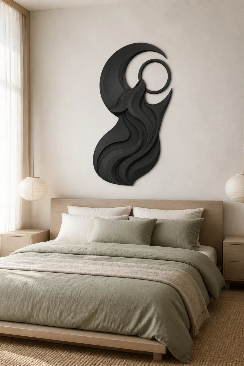Black Wood Wolf Sculpture | Howling Wolf Moon Relief | Celestial Art Gift