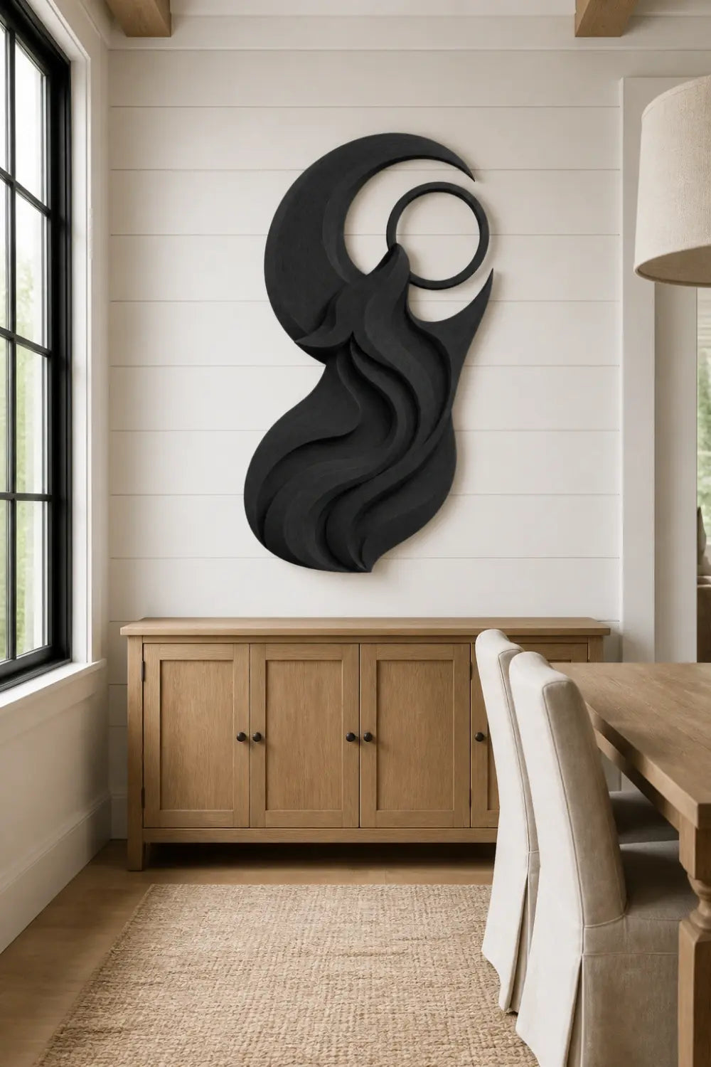 Black Wood Wolf Sculpture | Howling Wolf Moon Relief | Celestial Art Gift