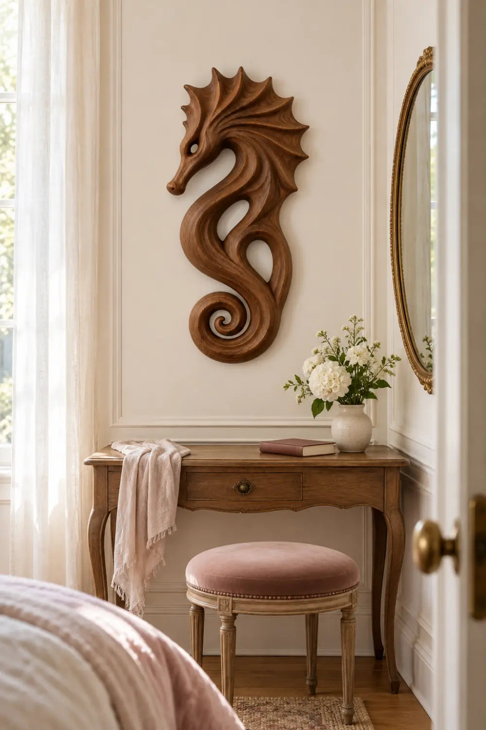 Carved Wooden Seahorse Wall Decor | Coastal Nautical Marine Art Sculpture