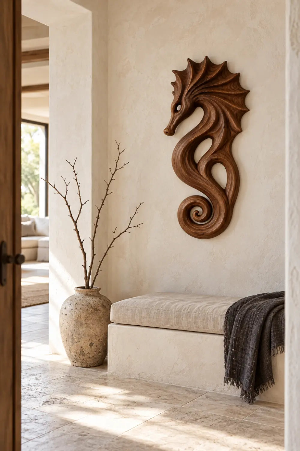 Carved Wooden Seahorse Wall Decor | Coastal Nautical Marine Art Sculpture