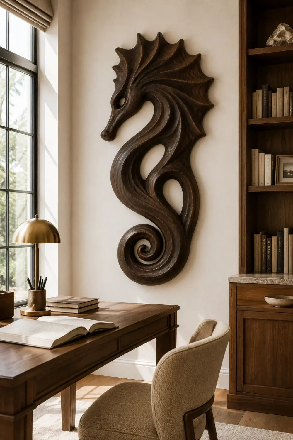 Carved Wooden Seahorse Wall Decor | Coastal Nautical Marine Art Sculpture