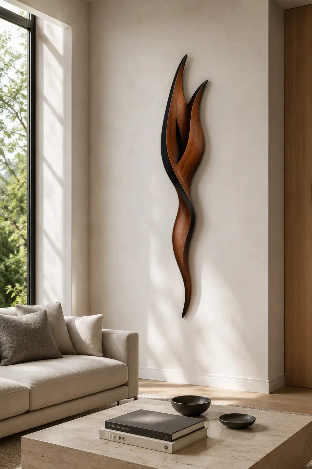 Abstract Wood Wall Sculpture | 3D Minimalist Wooden Wall Art | Elegant Vertical Accent
