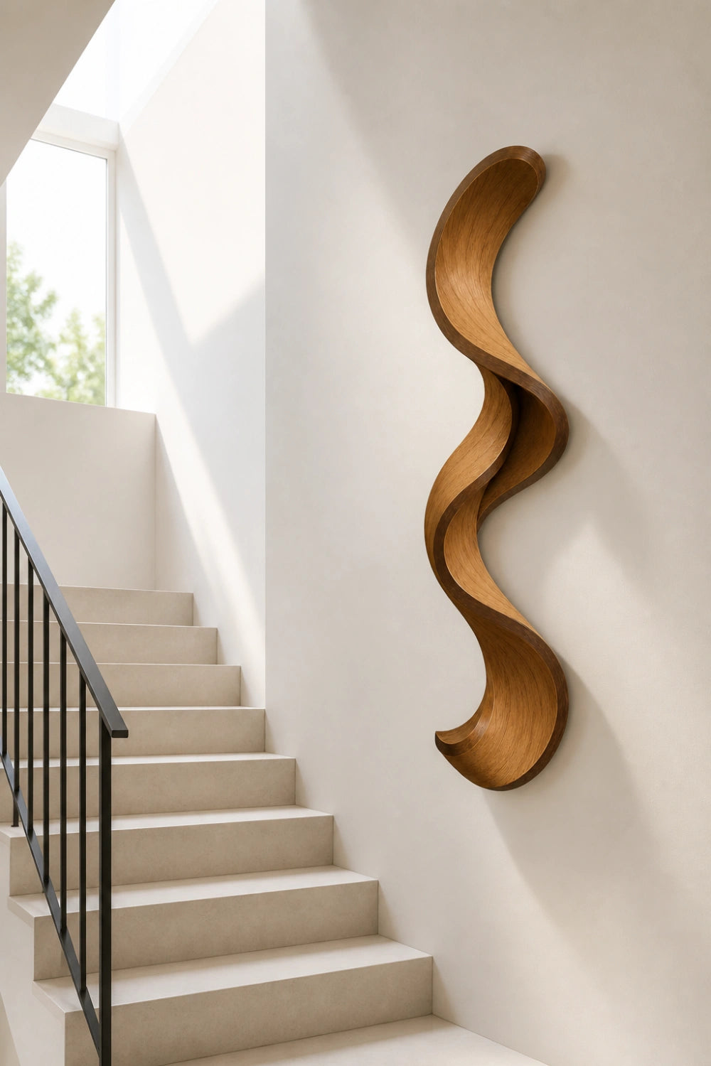 Japandi Wood Ribbon Wall Sculpture | Minimalist Serpentine Wall Art | Flowing Vertical Wave