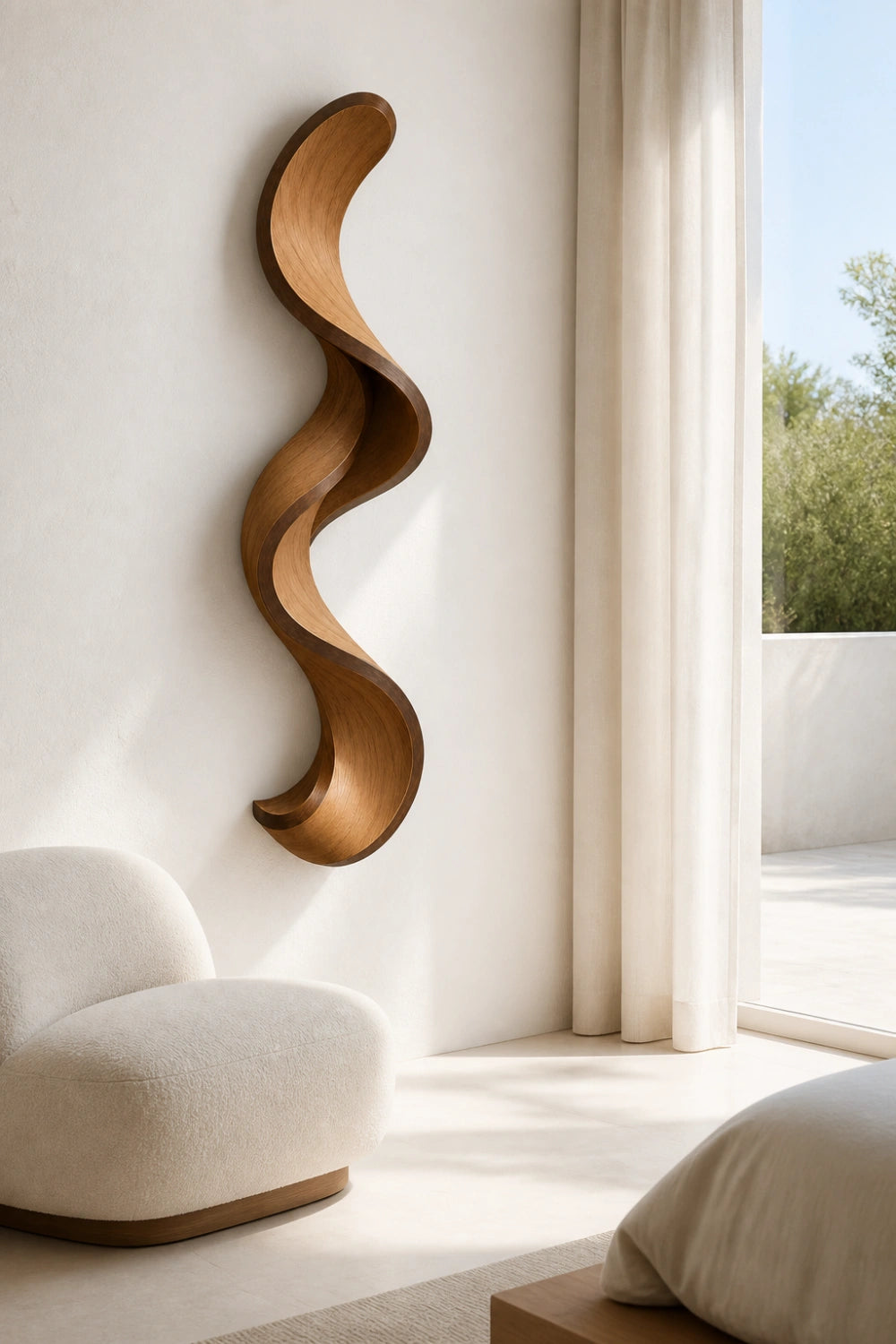 Japandi Wood Ribbon Wall Sculpture | Minimalist Serpentine Wall Art | Flowing Vertical Wave