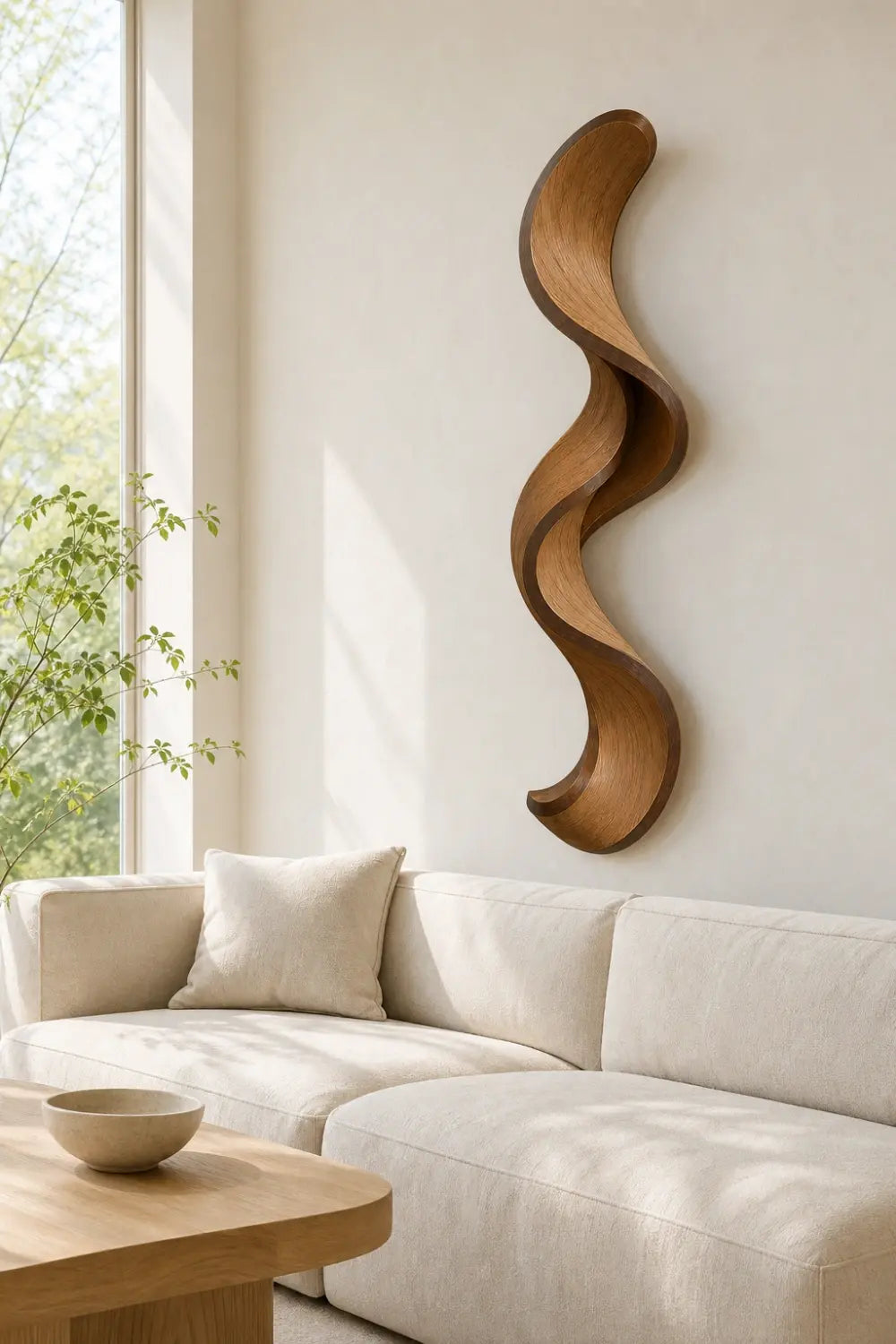 Japandi Wood Ribbon Wall Sculpture | Minimalist Serpentine Wall Art | Flowing Vertical Wave