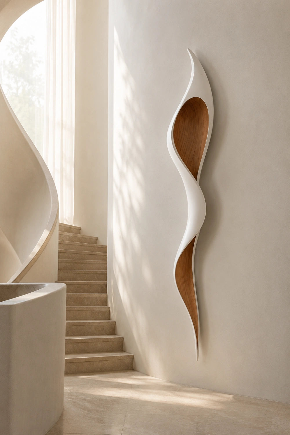 Minimalist White Oak Wall Sculpture | Modern Organic Curved Wall Art | Chic Hanging Plaque