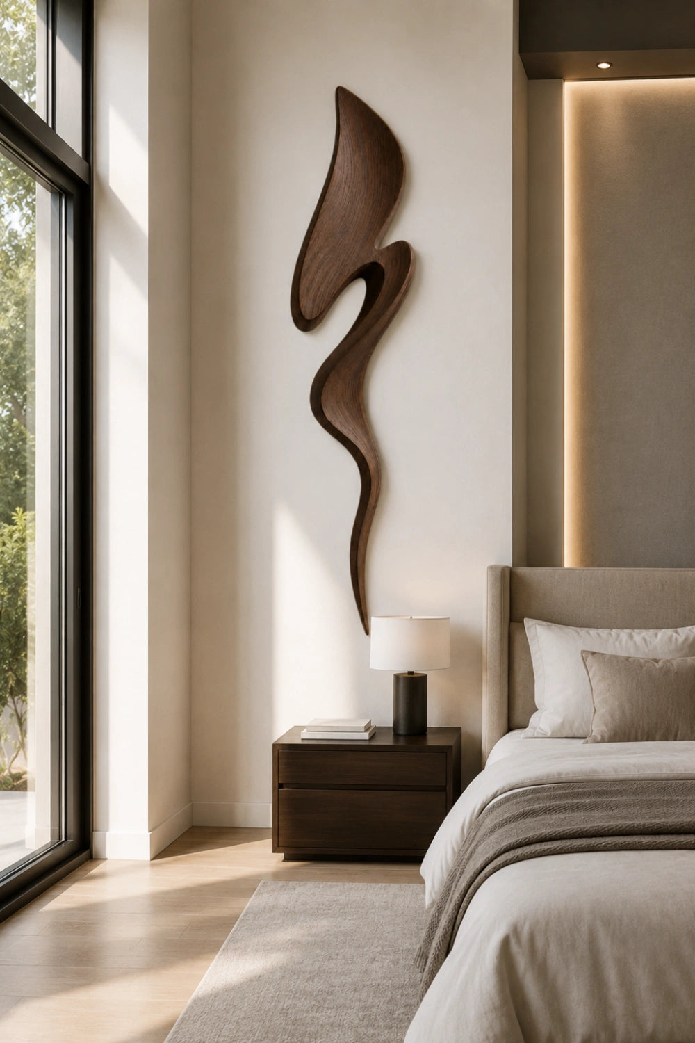 Contemporary Walnut Wall Sculpture | Architectural Fluid Wood Decor | Luxury Accent Plaque