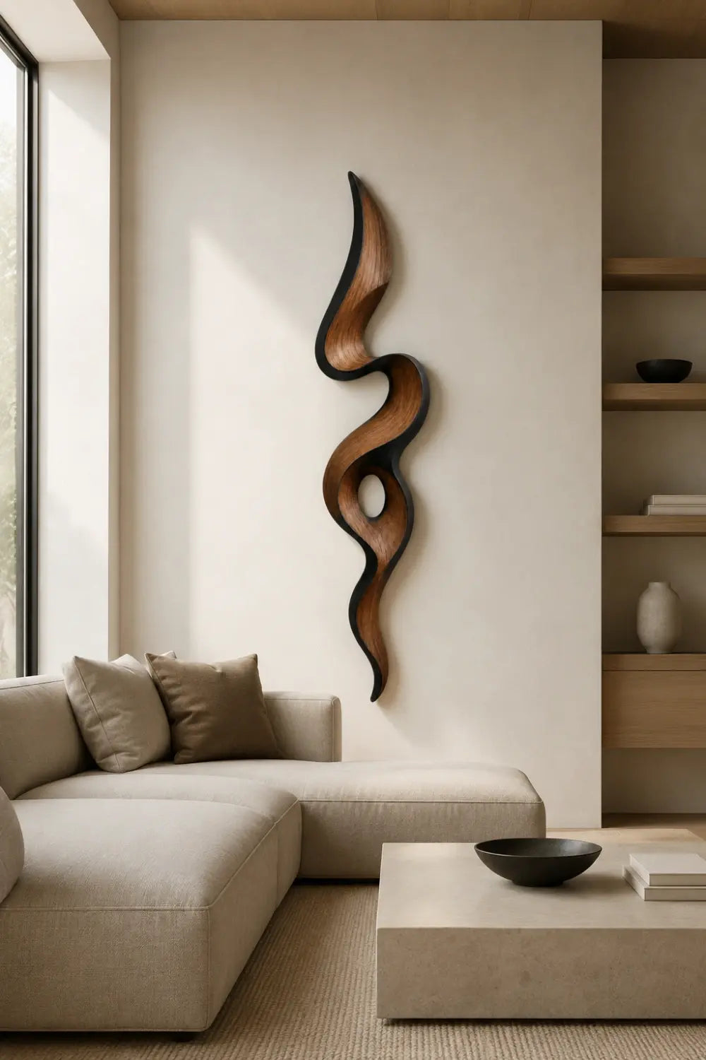 Teak Wood Wall Sculpture | Negative Space Ribbon Art | Modern Organic Accent