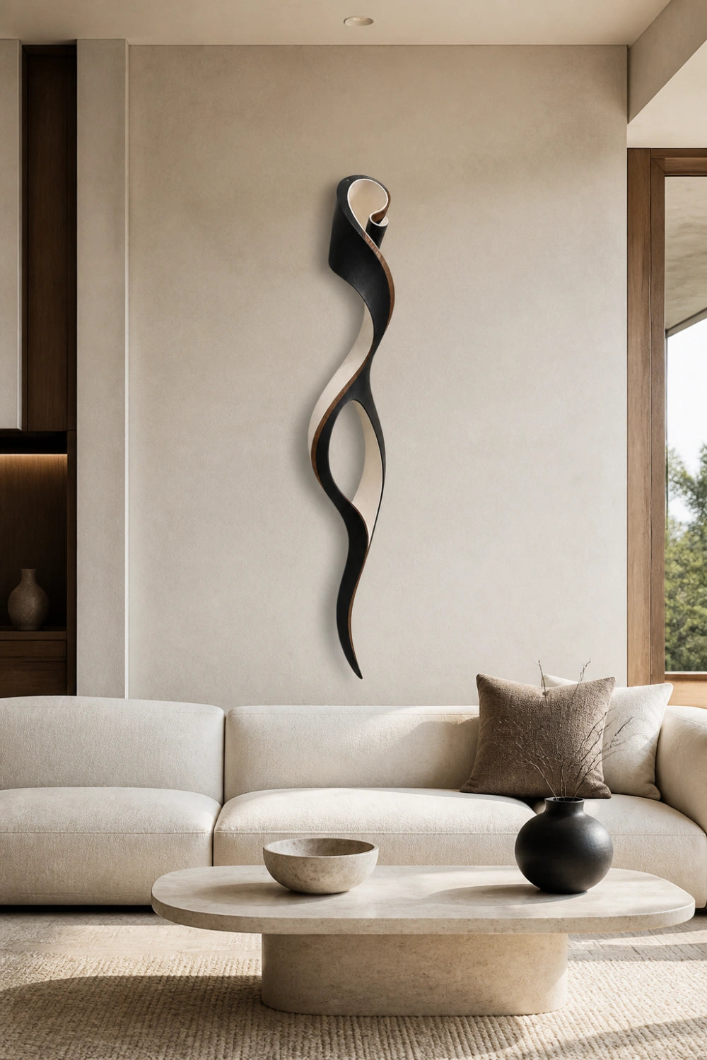 Two-Tone Curved Wood Wall Sculpture | Modern Ebony Ribbon Hanging