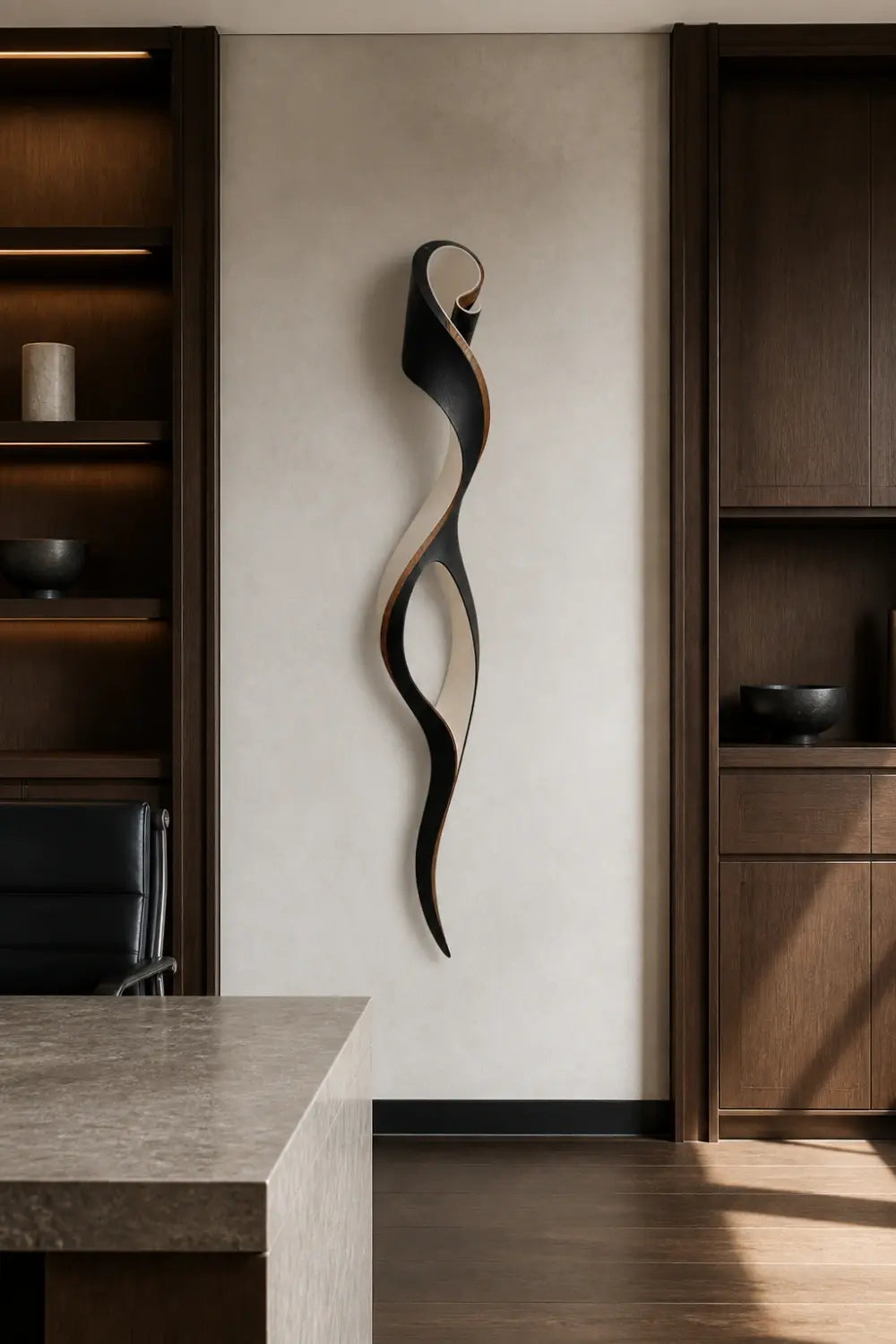 Two-Tone Curved Wood Wall Sculpture | Modern Ebony Ribbon Hanging