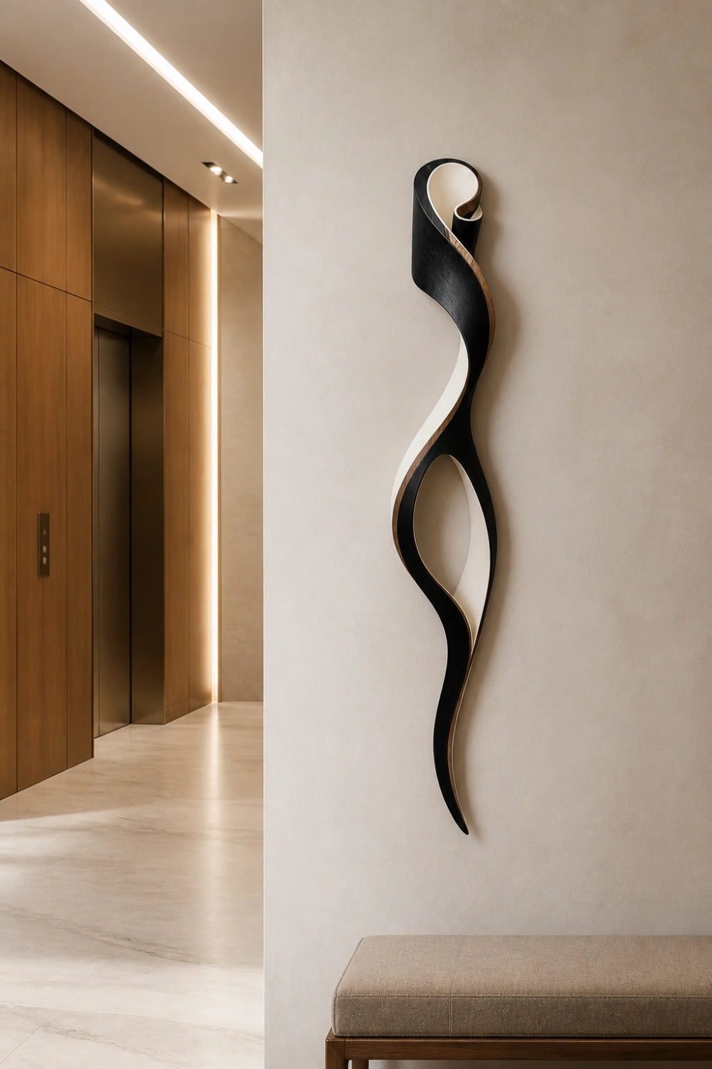 Two-Tone Curved Wood Wall Sculpture | Modern Ebony Ribbon Hanging