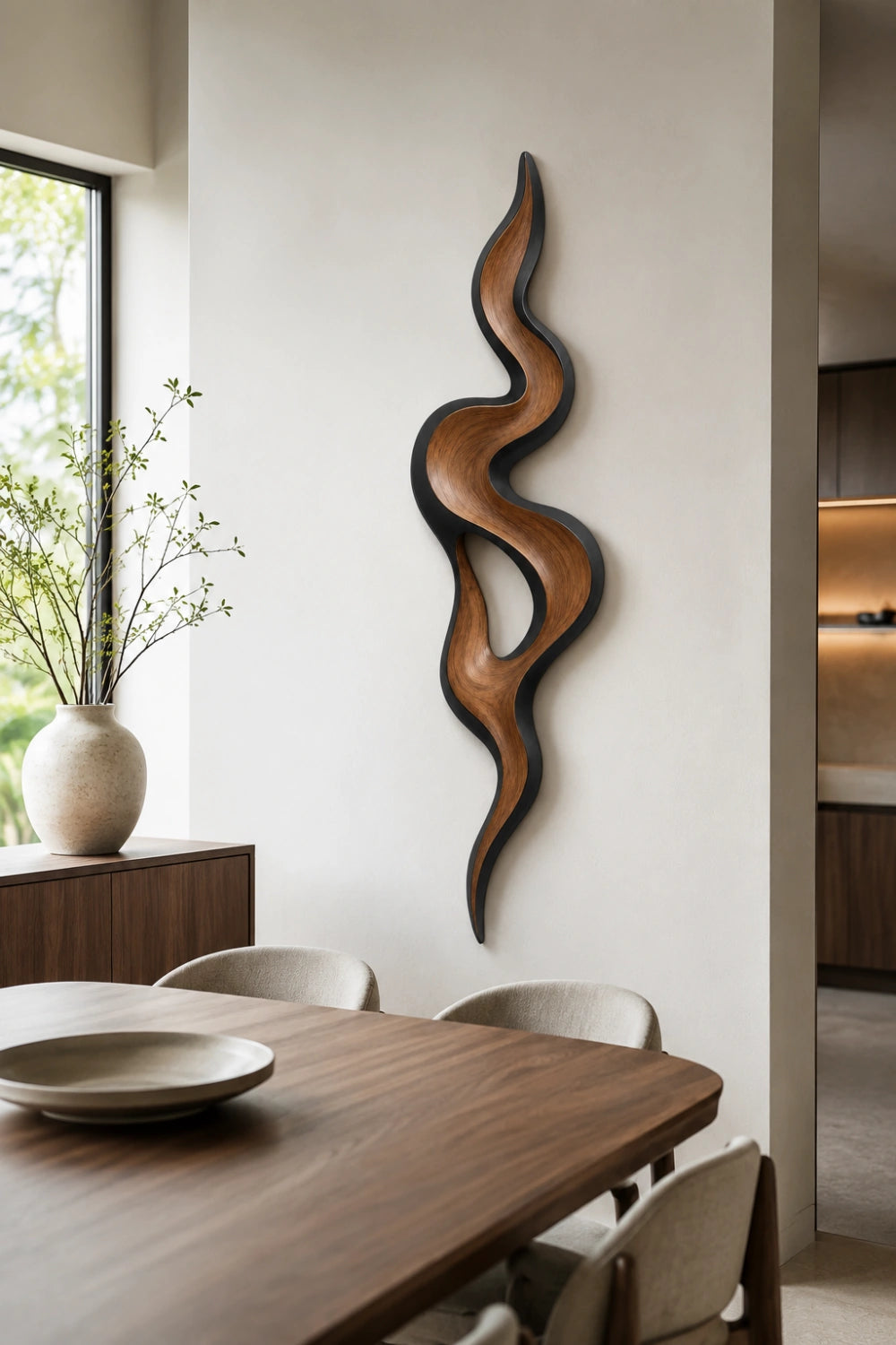 Framed Abstract Wood Wall Sculpture | Modern Black Swirl Decor