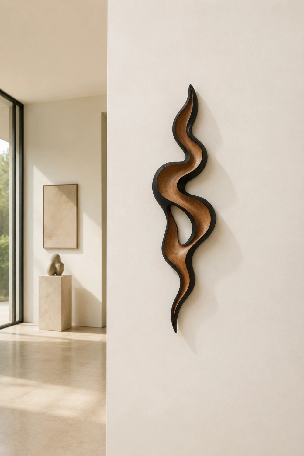 Framed Abstract Wood Wall Sculpture | Modern Black Swirl Decor