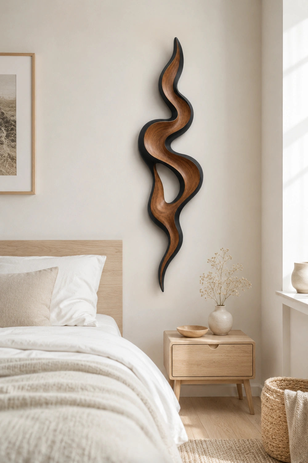 Framed Abstract Wood Wall Sculpture | Modern Black Swirl Decor