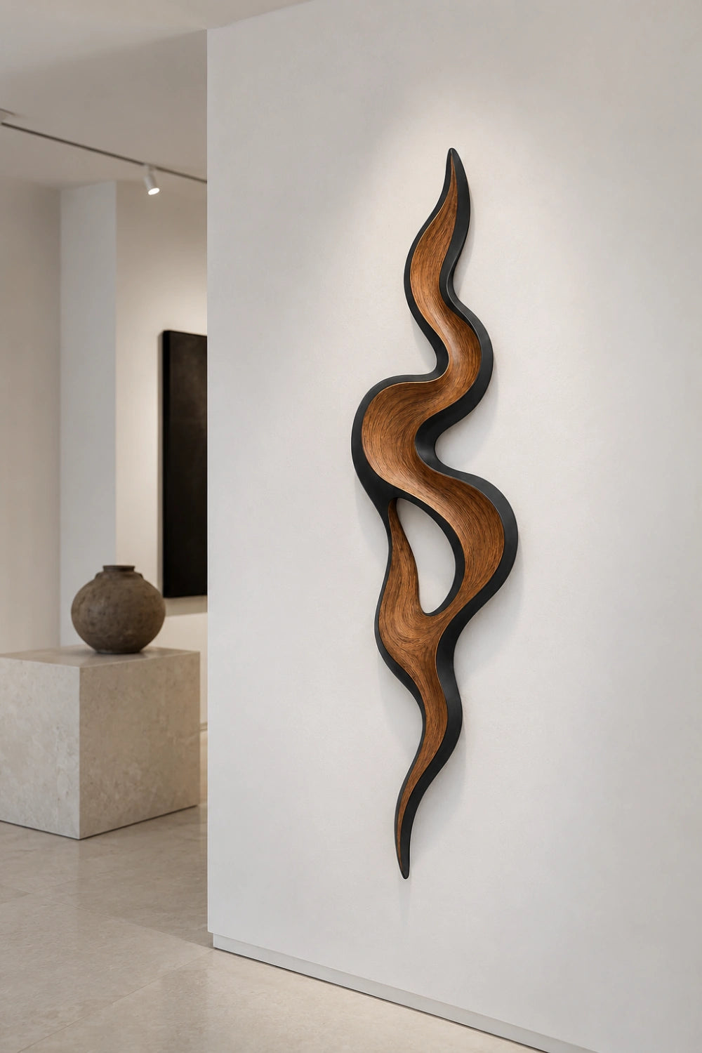 Framed Abstract Wood Wall Sculpture | Modern Black Swirl Decor