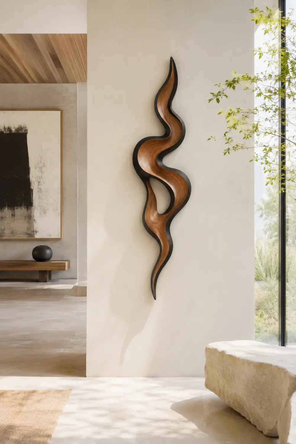 Framed Abstract Wood Wall Sculpture | Modern Black Swirl Decor