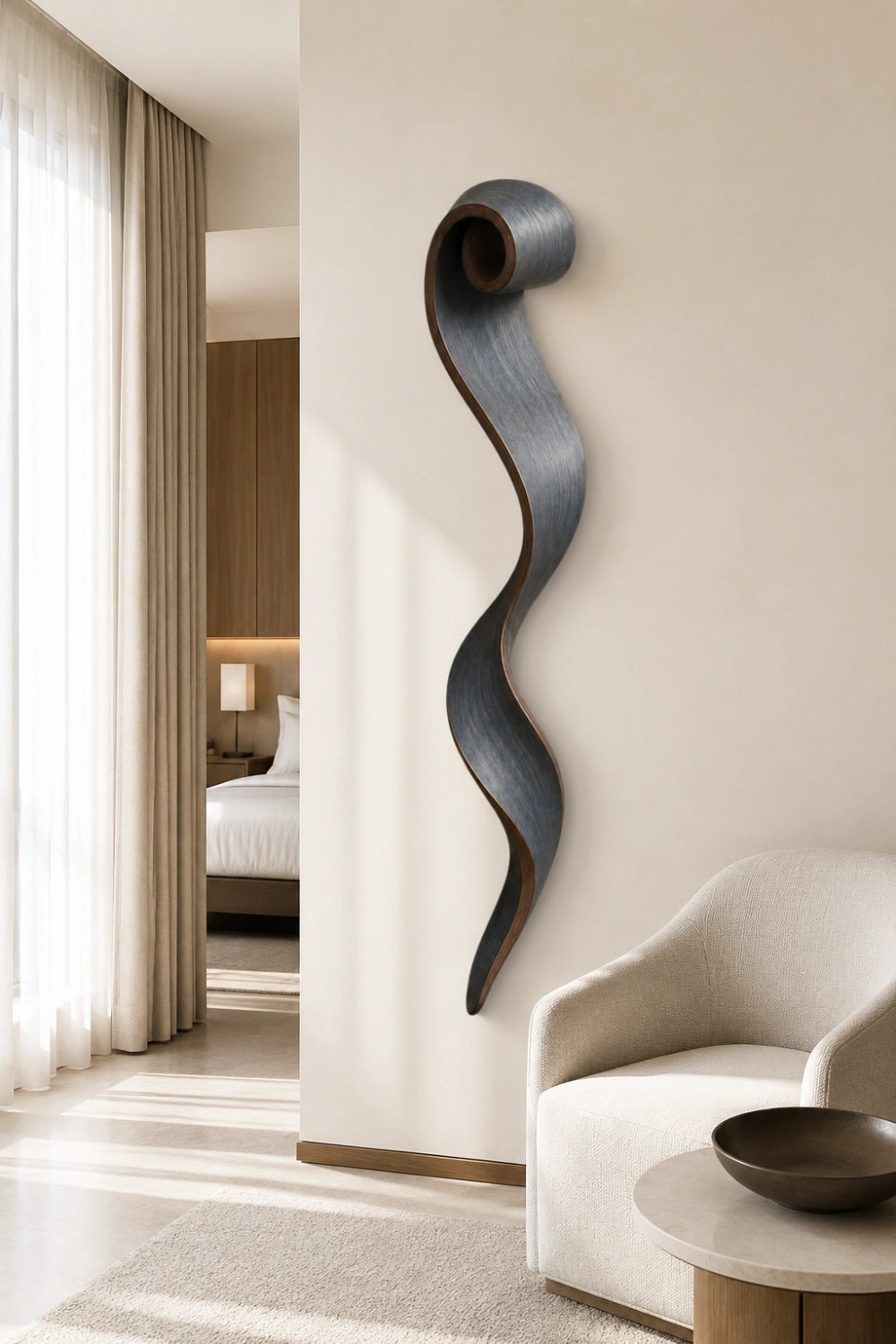 Slate Gray Wood Wall Sculpture | Spiral Scroll Ribbon Art | Avant-Garde Wall Feature