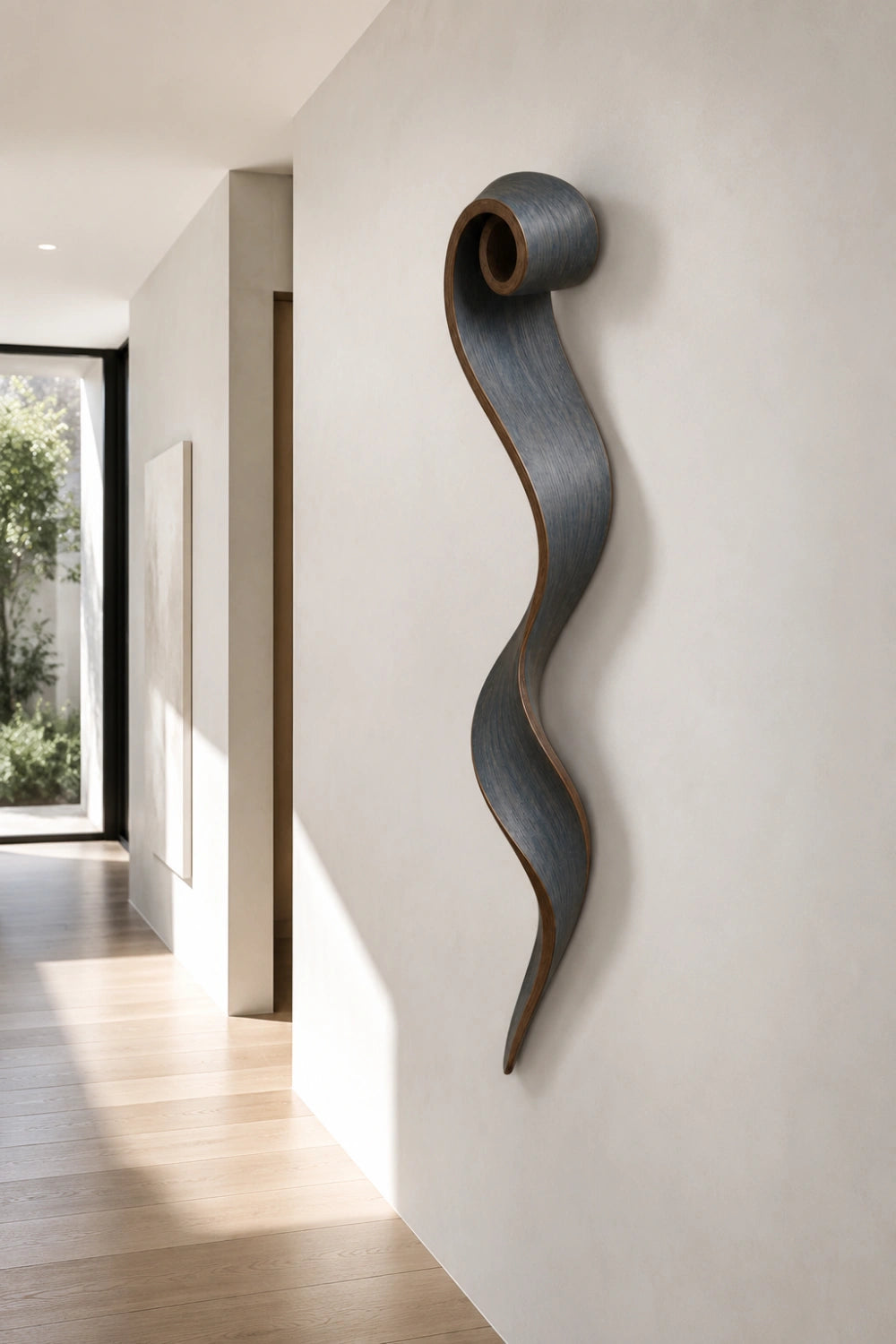Slate Gray Wood Wall Sculpture | Spiral Scroll Ribbon Art | Avant-Garde Wall Feature
