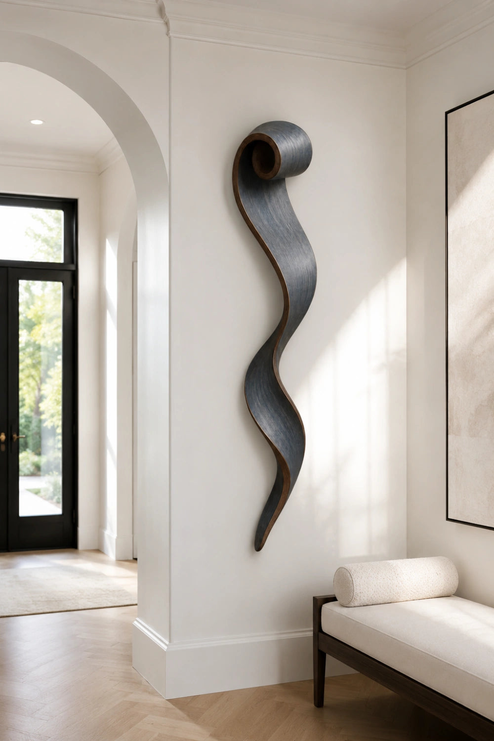 Slate Gray Wood Wall Sculpture | Spiral Scroll Ribbon Art | Avant-Garde Wall Feature