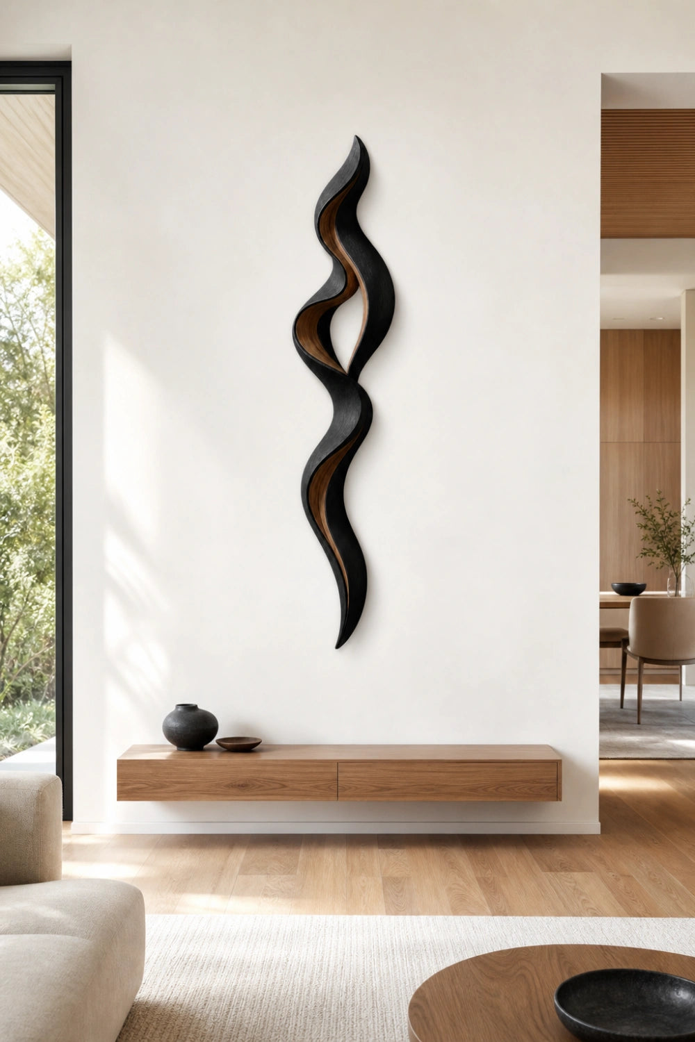 Lackened Wood Wall Sculpture | Charred Ebony Ribbon Art | Dark Modern Wall Decor