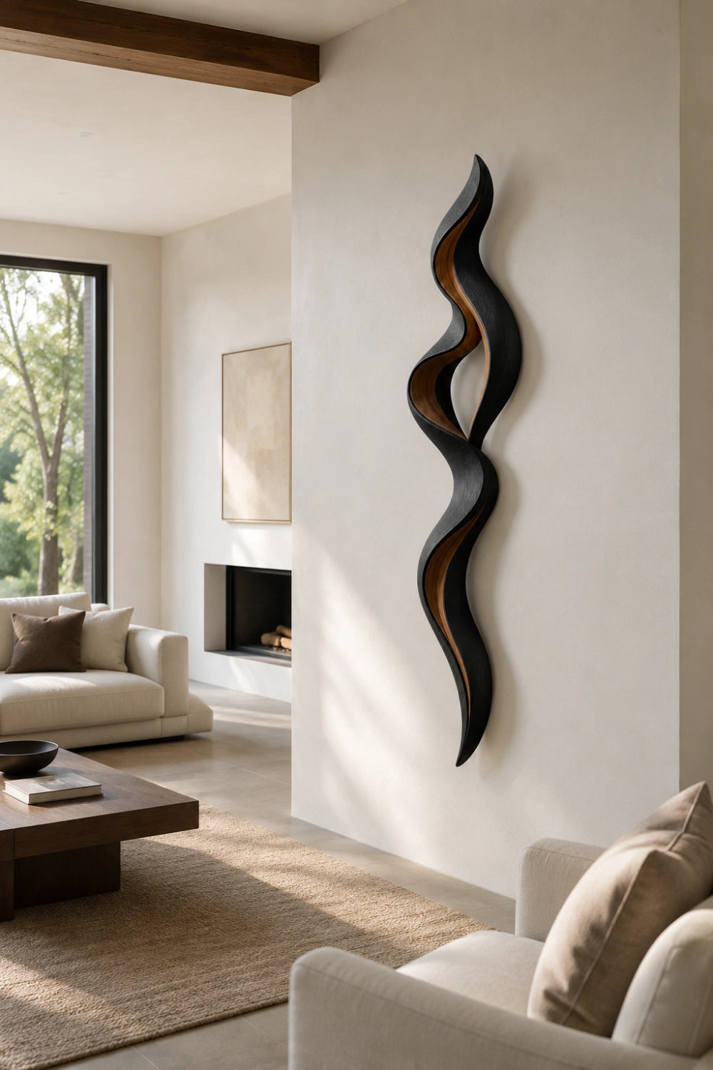 Lackened Wood Wall Sculpture | Charred Ebony Ribbon Art | Dark Modern Wall Decor