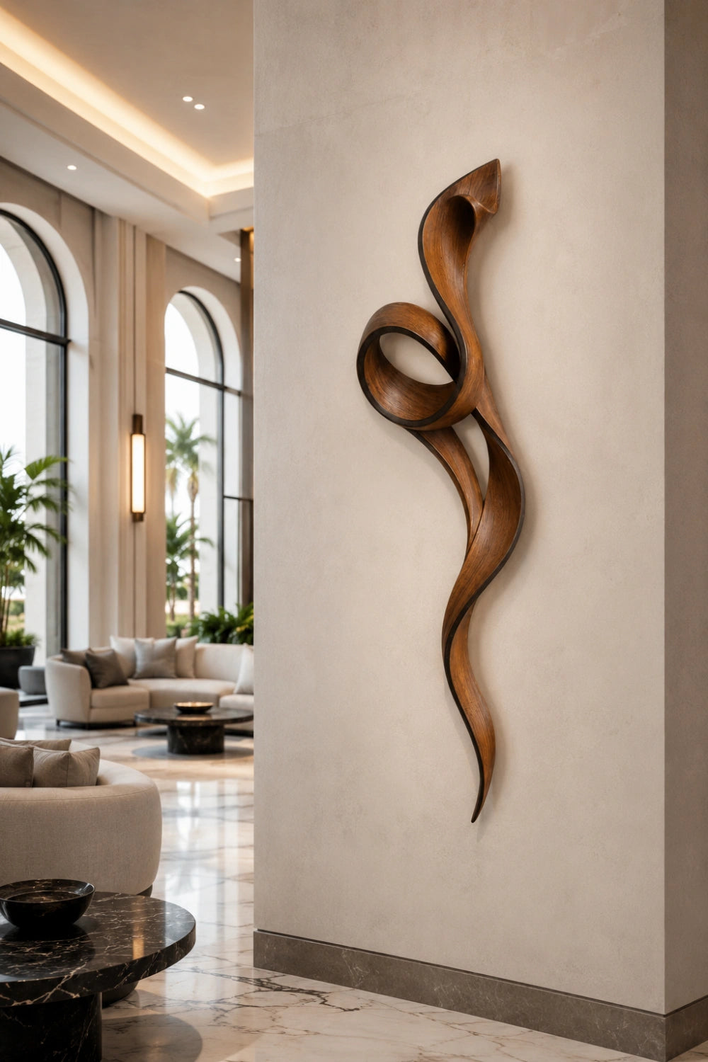 3D Curved Wood Wall Sculpture | Sculptural Ribbon Loop | Warm Amber Wall Art