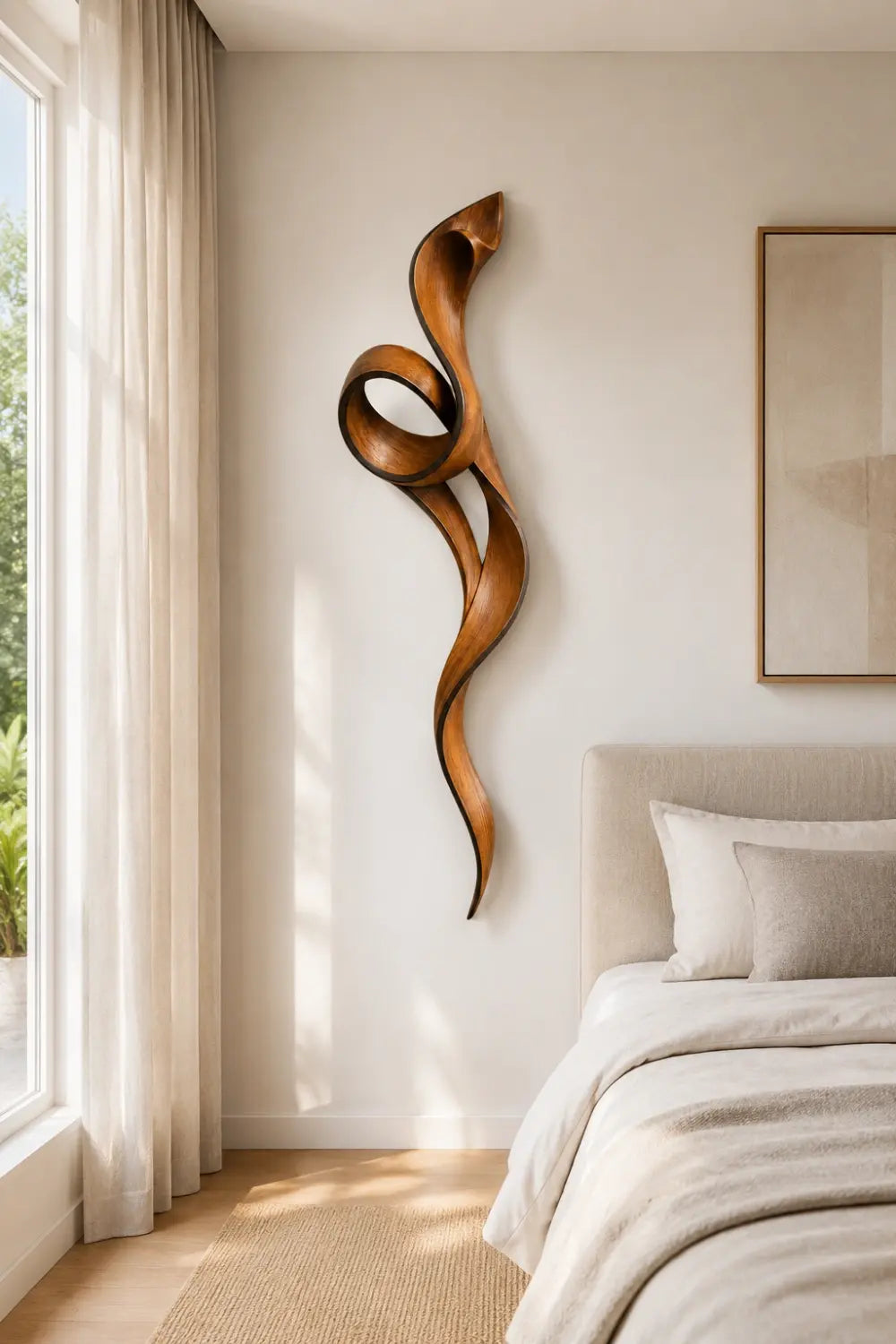 3D Curved Wood Wall Sculpture | Sculptural Ribbon Loop | Warm Amber Wall Art