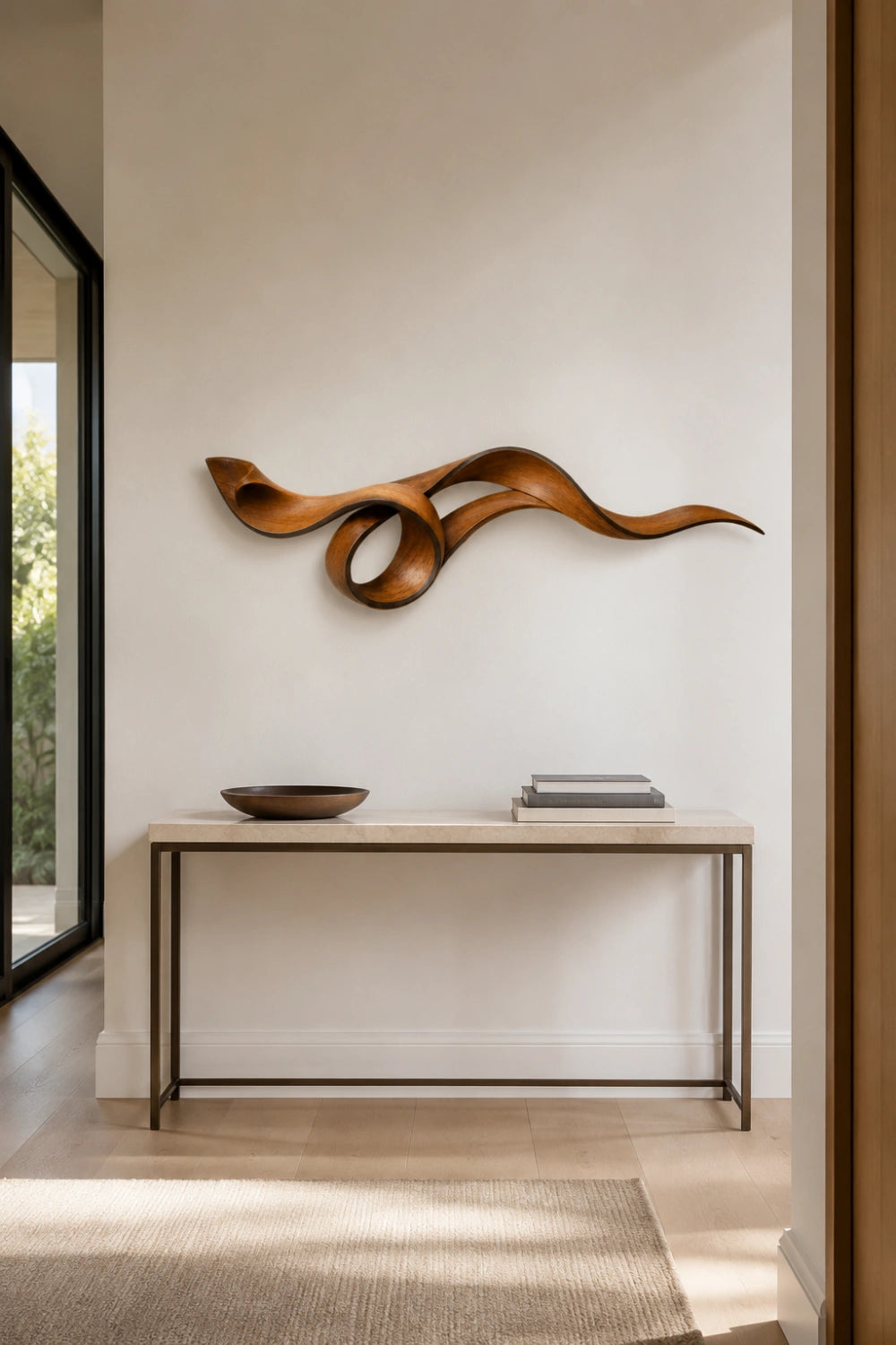 3D Curved Wood Wall Sculpture | Sculptural Ribbon Loop | Warm Amber Wall Art